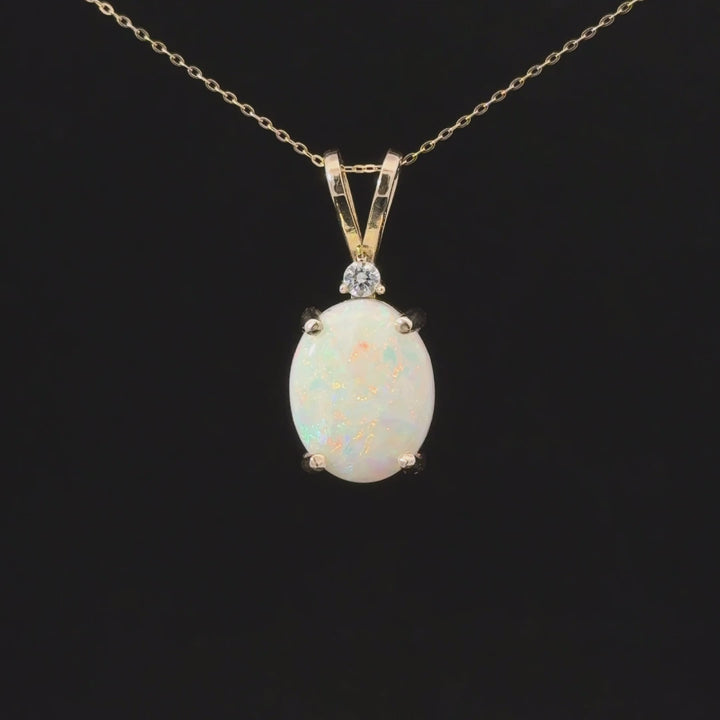 Australian White Opal & Diamond Necklace in 14K Yellow Gold