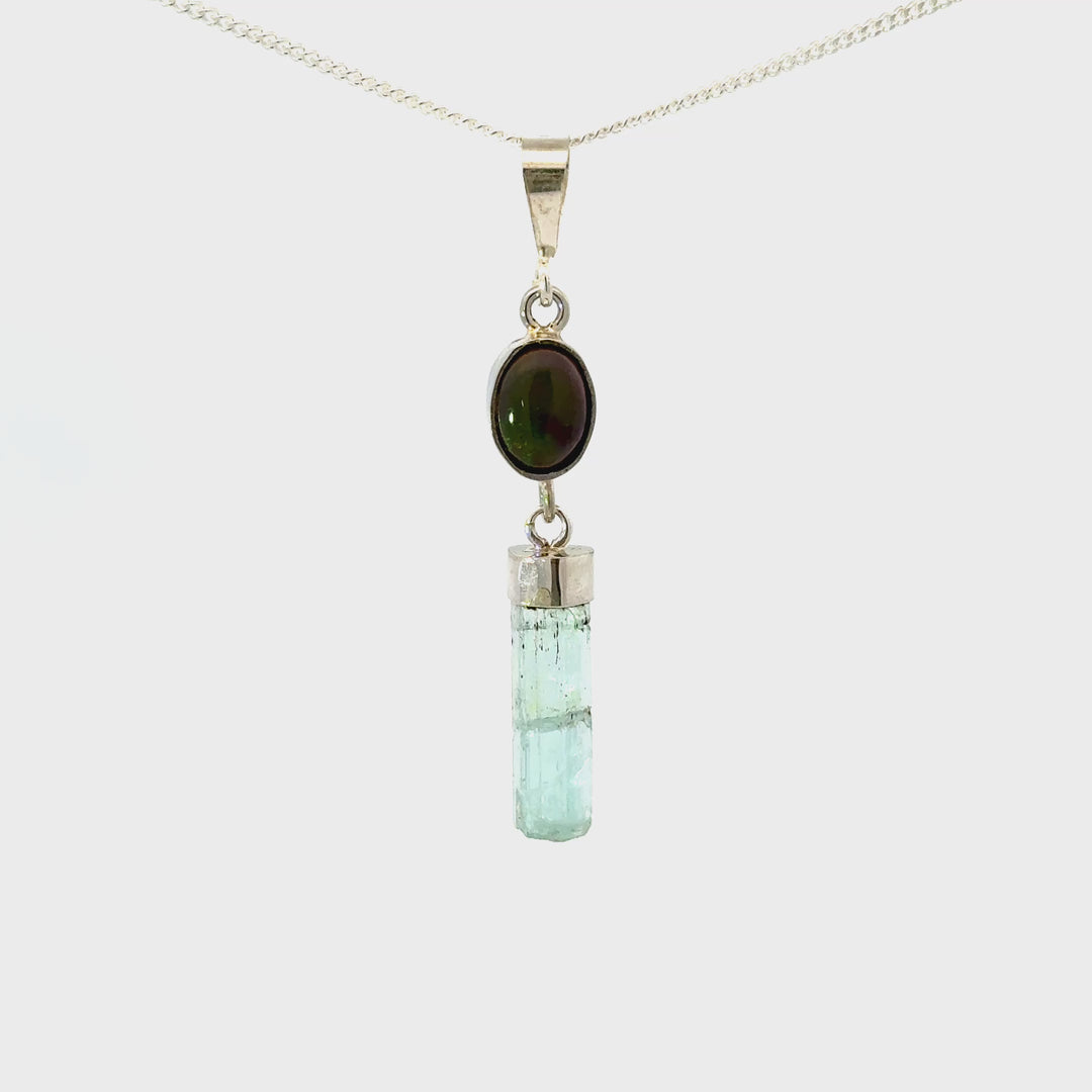 Black Ethiopian Opal & Raw Aquamarine Necklace in Sterling Silver