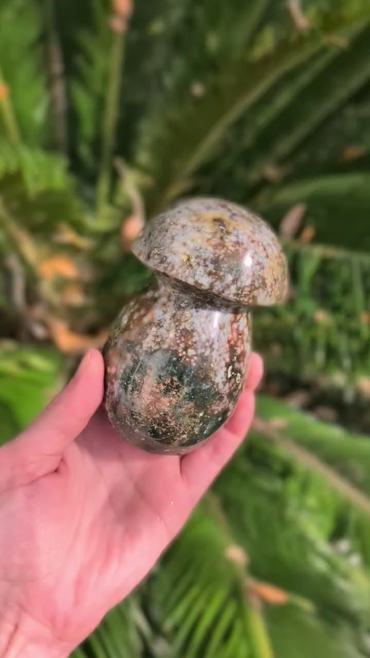 Orbicular Ocean Jasper Carved Mushroom