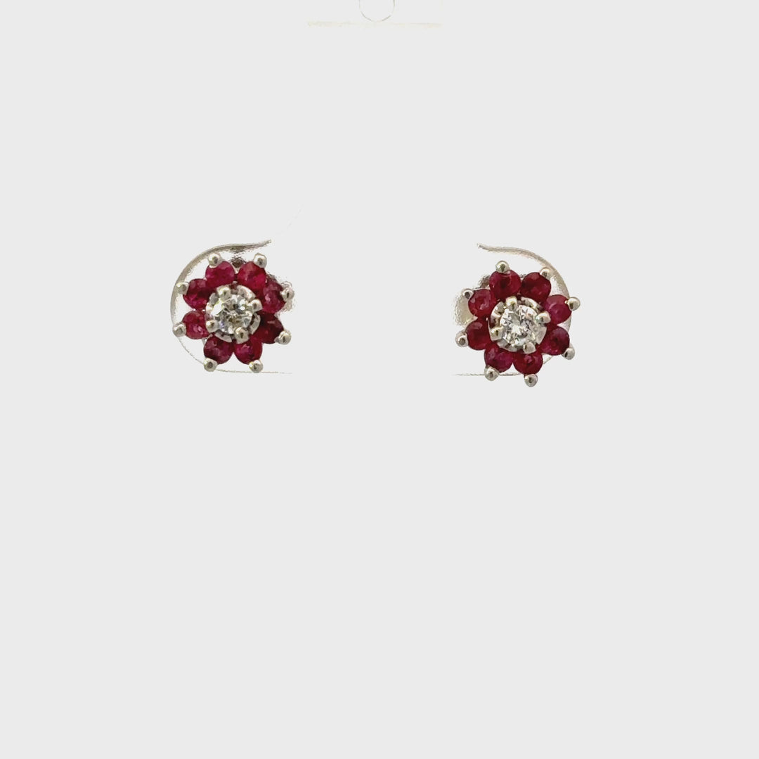Vintage Ruby & Diamond Flower Earrings in 14K White Gold with 14K Yellow Gold Posts