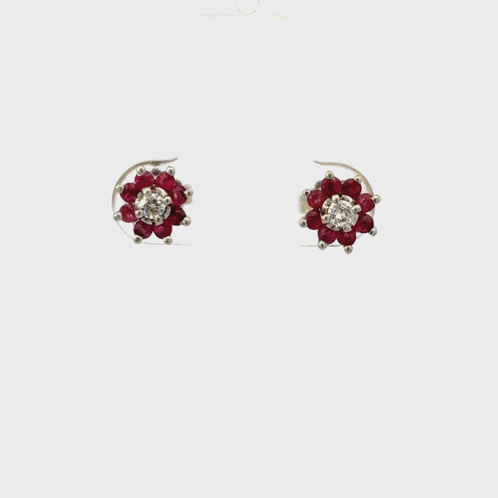 Vintage Ruby & Diamond Flower Earrings in 14K White Gold with 14K Yellow Gold Posts