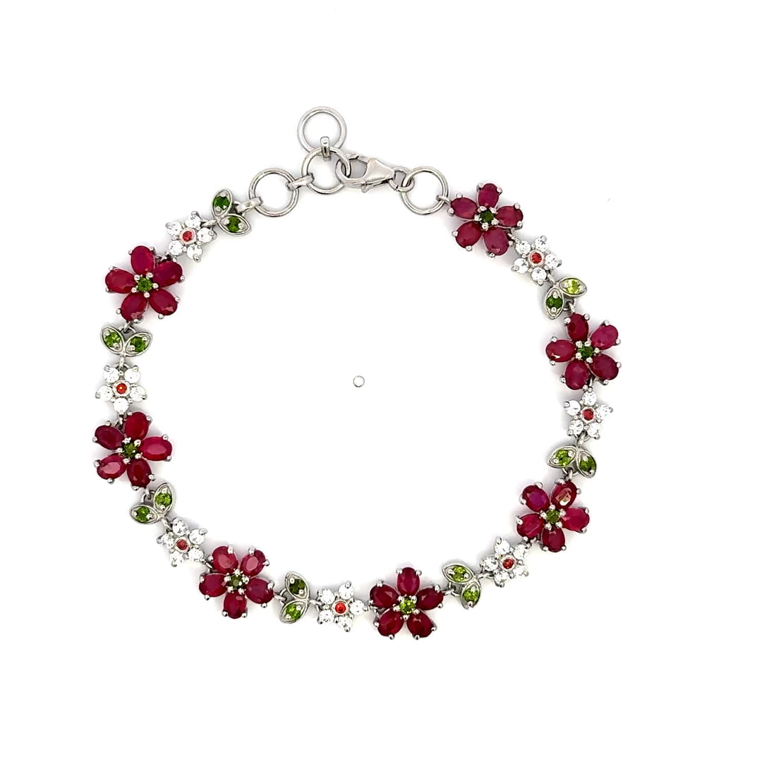 Ruby & Green Chrome Diopside Floral Bracelet with Clear Tourmaline Accents in Sterling Silver