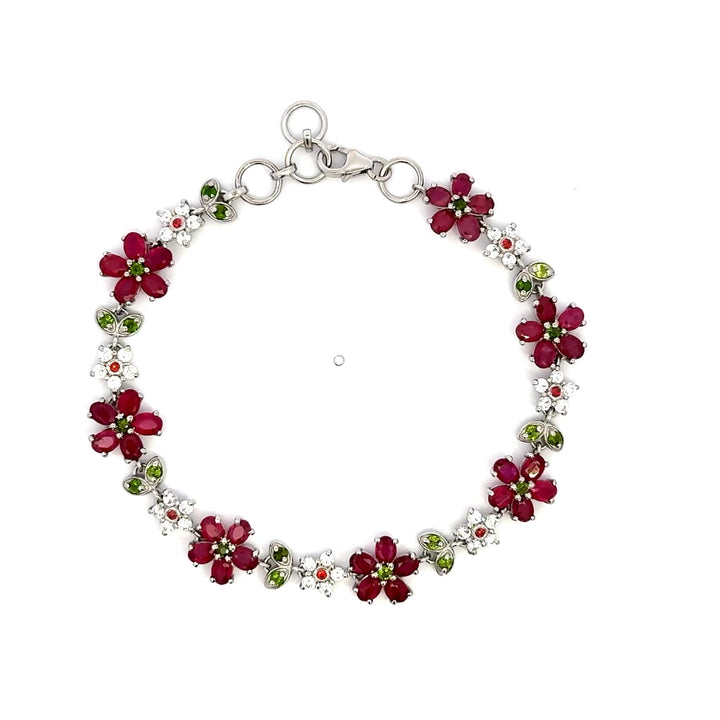 Ruby & Green Chrome Diopside Floral Bracelet with Clear Tourmaline Accents in Sterling Silver