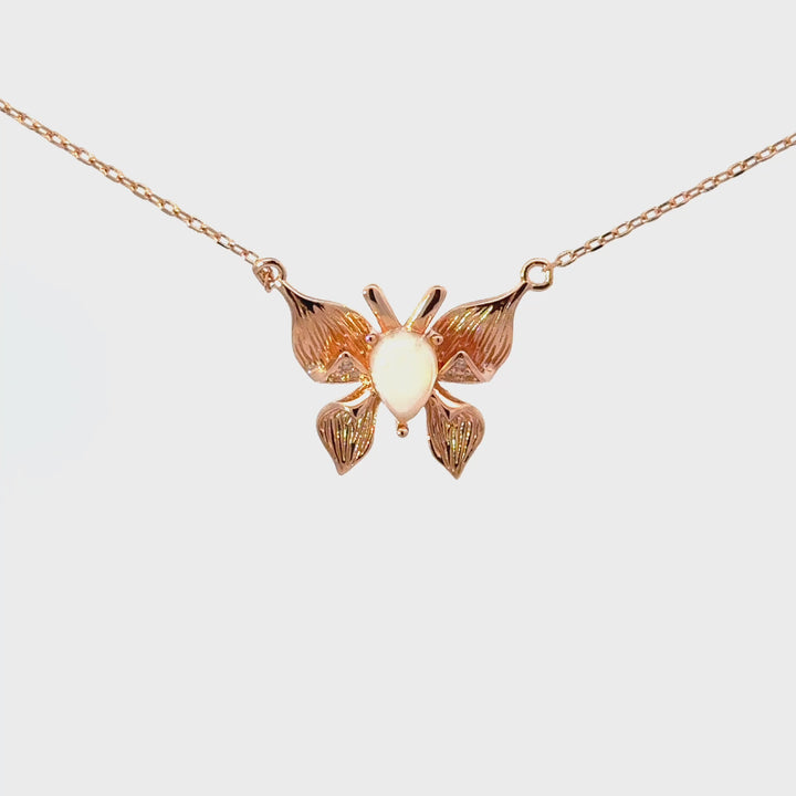 Opal Butterfly Necklace with Cubic Zirconia Accents in Rose Gold Over Sterling Silver