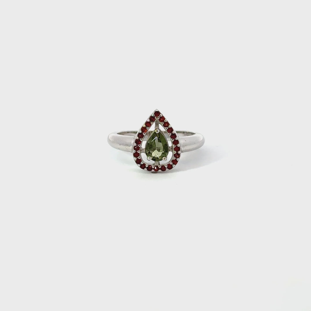 Moldavite & Garnet Ring in Sterling Silver