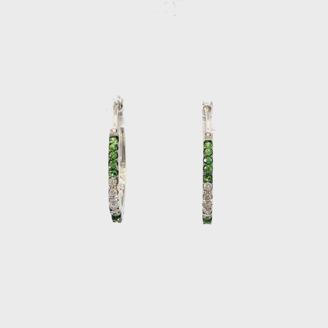 Vintage Tsavorite Garnet & Diamond Hoop Earrings in 14K White Gold