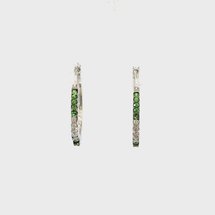 Vintage Tsavorite Garnet & Diamond Hoop Earrings in 14K White Gold