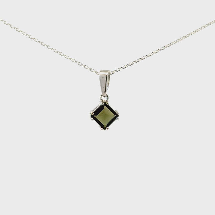 Diamond-Shaped Moldavite Necklace in Sterling Silver