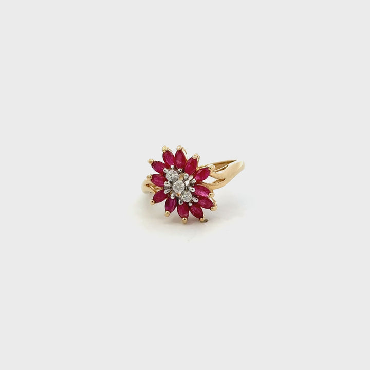 Vintage Ruby & Diamond Floral Cocktail Ring in 10K Yellow Gold