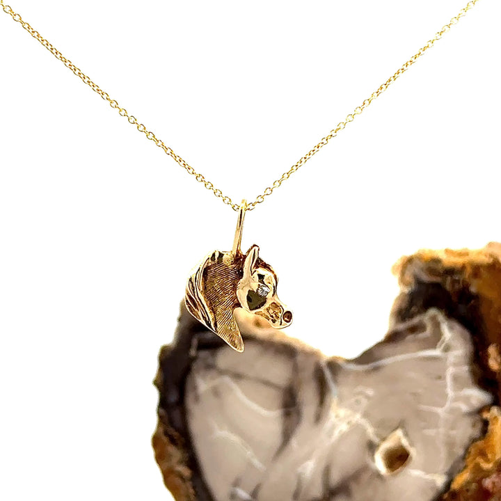 Vintage Horse Head with Round Cut Diamond Necklace in 14K Yellow Gold
