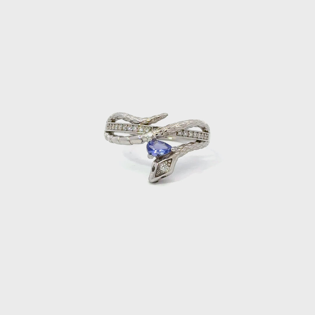 Tanzanite & Clear Zircon Snake Adjustable Ring in Sterling Silver