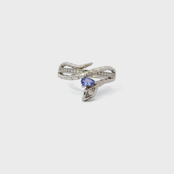 Tanzanite & Clear Zircon Snake Adjustable Ring in Sterling Silver