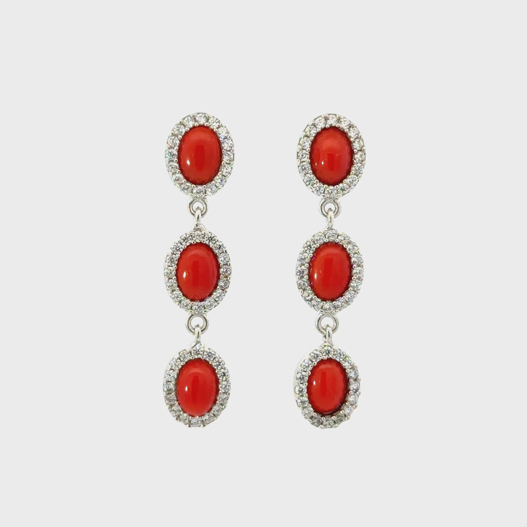 Italian Red Coral & CZ Triple Oval Dangle Earrings in Sterling Silver