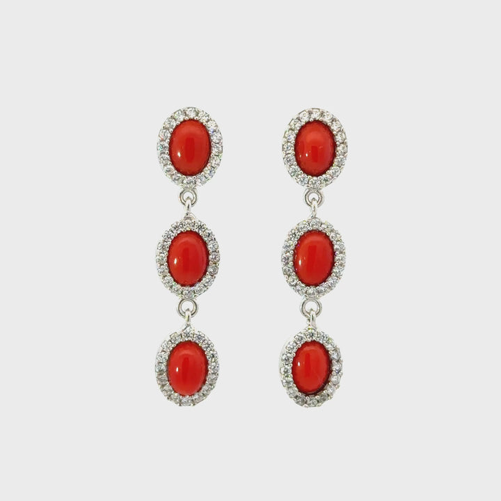 Italian Red Coral & CZ Triple Oval Dangle Earrings in Sterling Silver