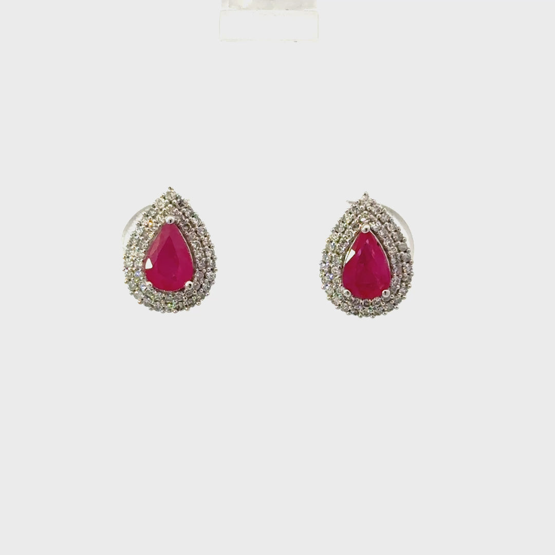 Ruby & Diamond Halo Stud Earrings in 14K White Gold