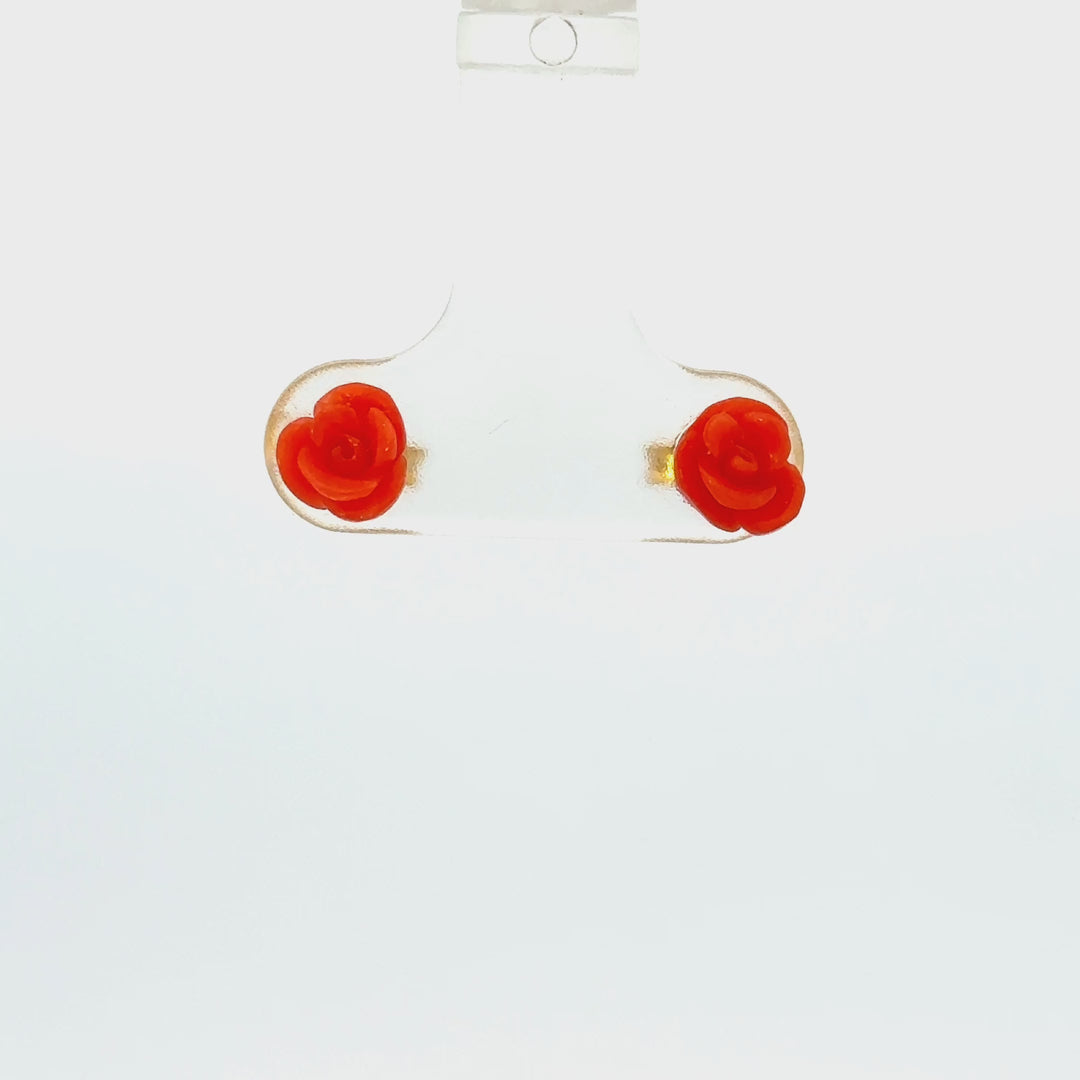 Italian Carved Red Coral Rose Stud Earrings in Gold Over Sterling Silver