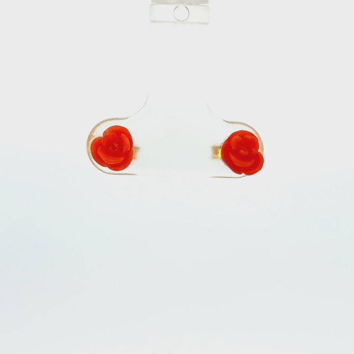 Italian Carved Red Coral Rose Stud Earrings in Gold Over Sterling Silver