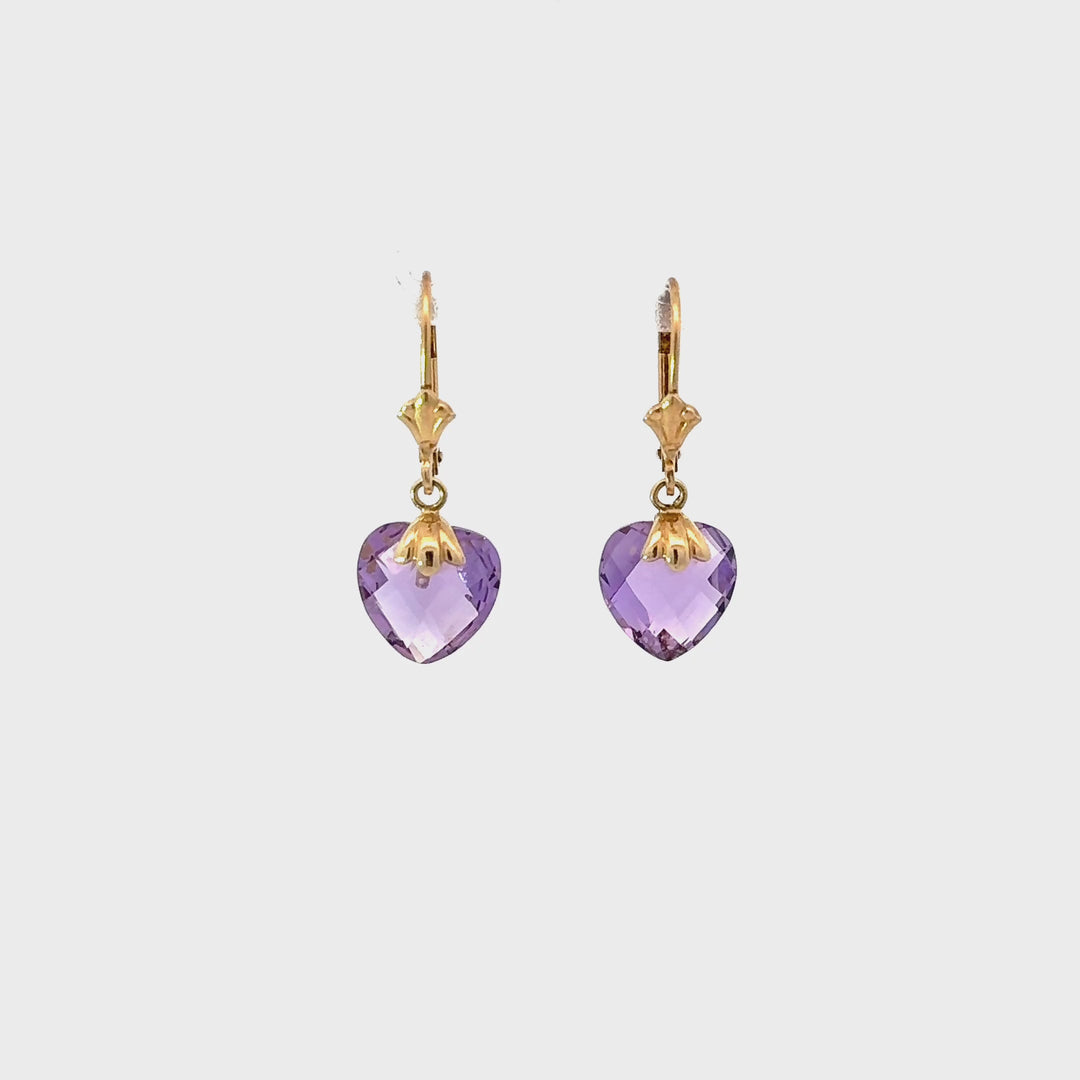 Vintage Heart-Cut Amethyst Drop Earrings in 14K Yellow Gold