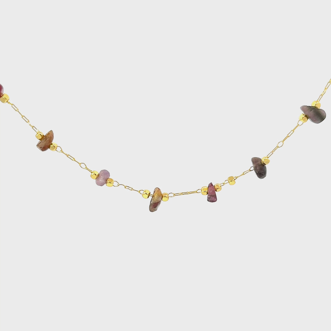 Watermelon Tourmaline Chip Necklace in Gold Plated Brass