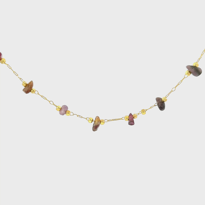 Watermelon Tourmaline Chip Necklace in Gold Plated Brass