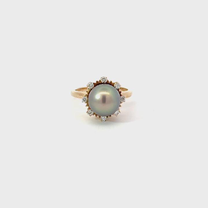Tahitian Pearl & Diamond Halo Ring in 14K Yellow Gold