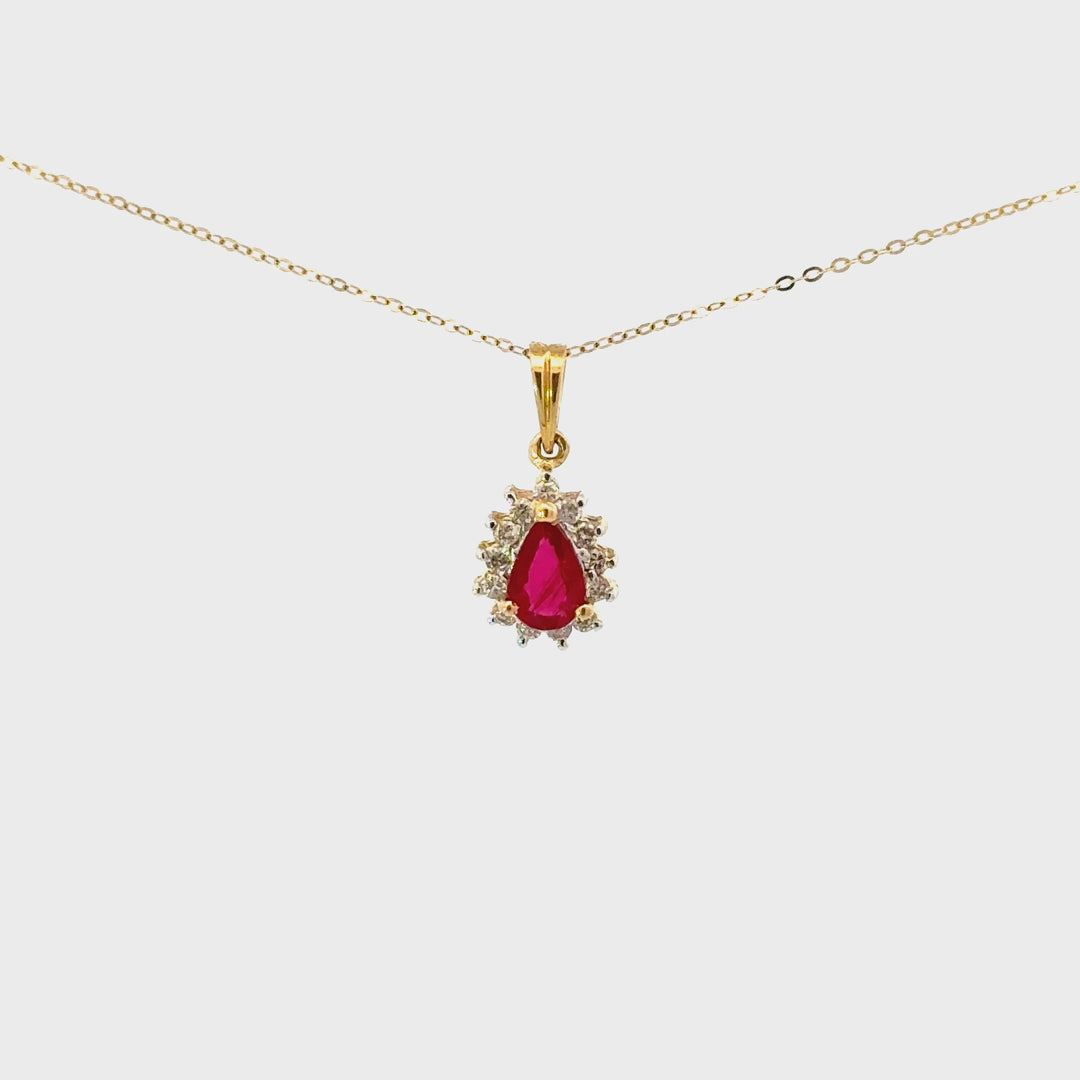 Vintage Pear-Cut Ruby & Diamond Necklace Set in 14k Yellow Gold