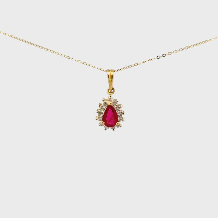 Vintage Pear-Cut Ruby & Diamond Necklace Set in 14k Yellow Gold