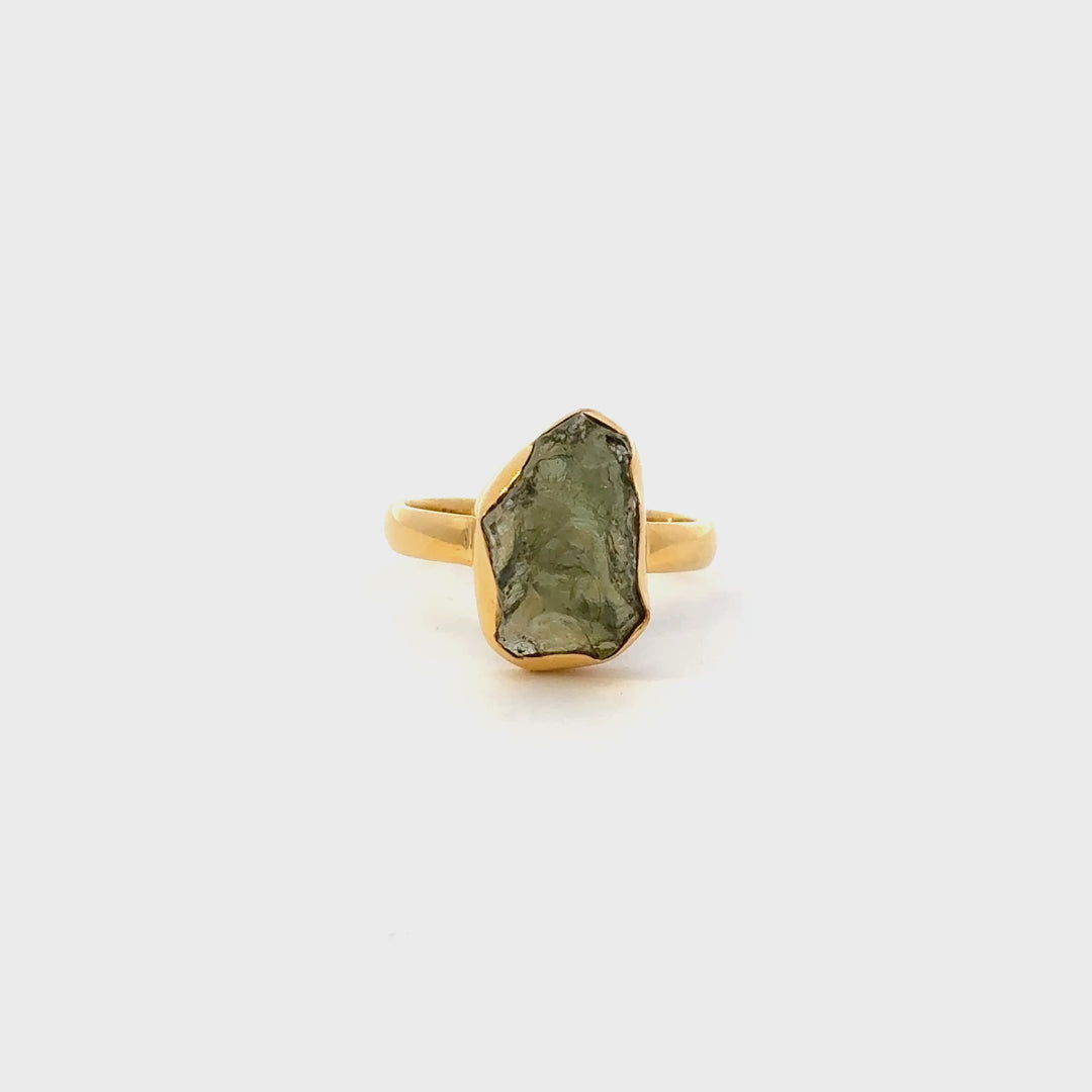 Raw Moldavite Bezel Set Ring in 18K Gold over Sterling Silver