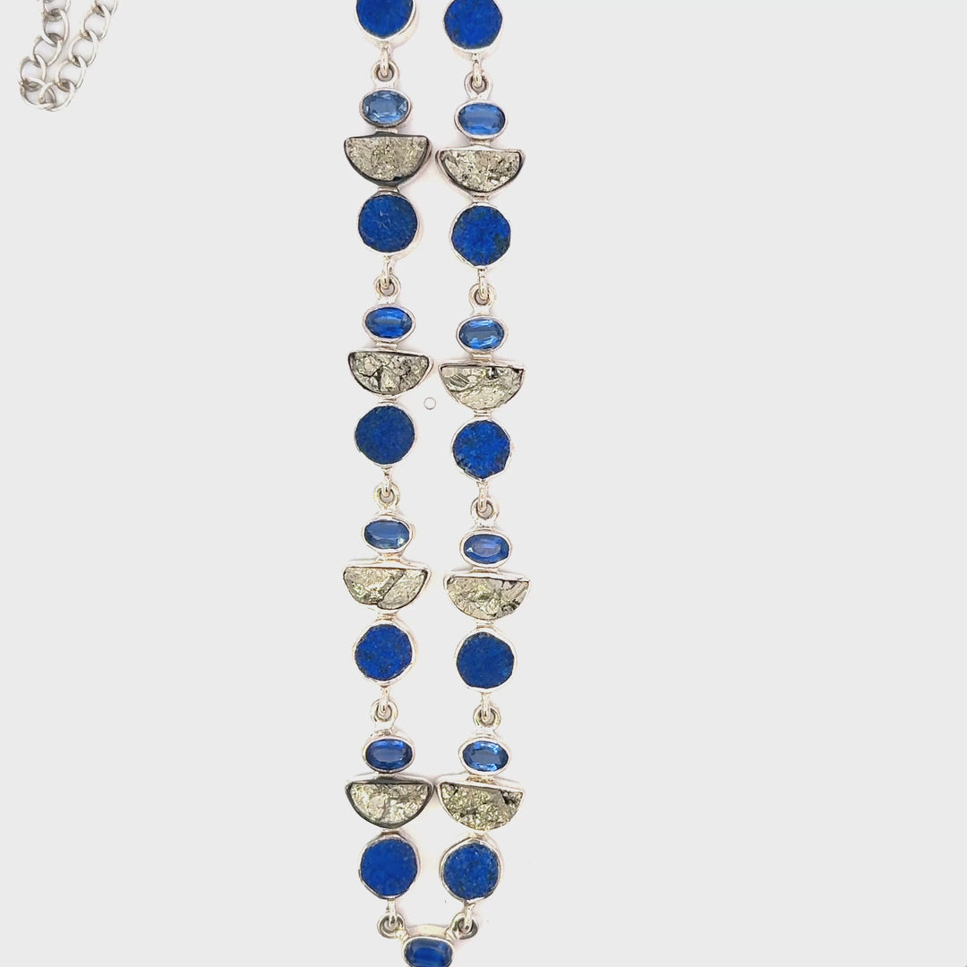 Rough Azurite, Pyrite & Blue Kyanite Necklace in Sterling Silver