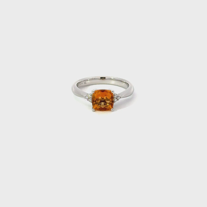 Vintage Cushion-Cut Citrine & Diamond Ring in 14K White Gold