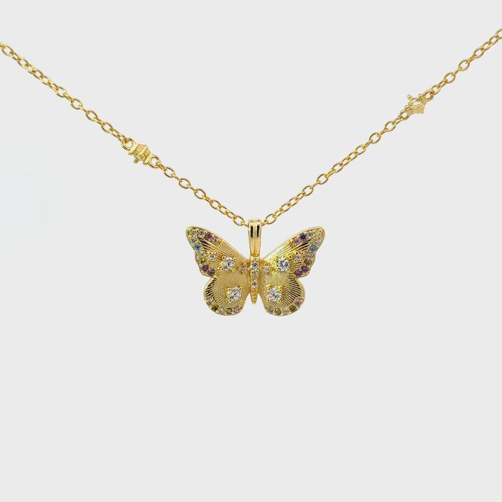 Multicolored Cubic Zirconia Butterfly Necklace in Gold Over Sterling Silver