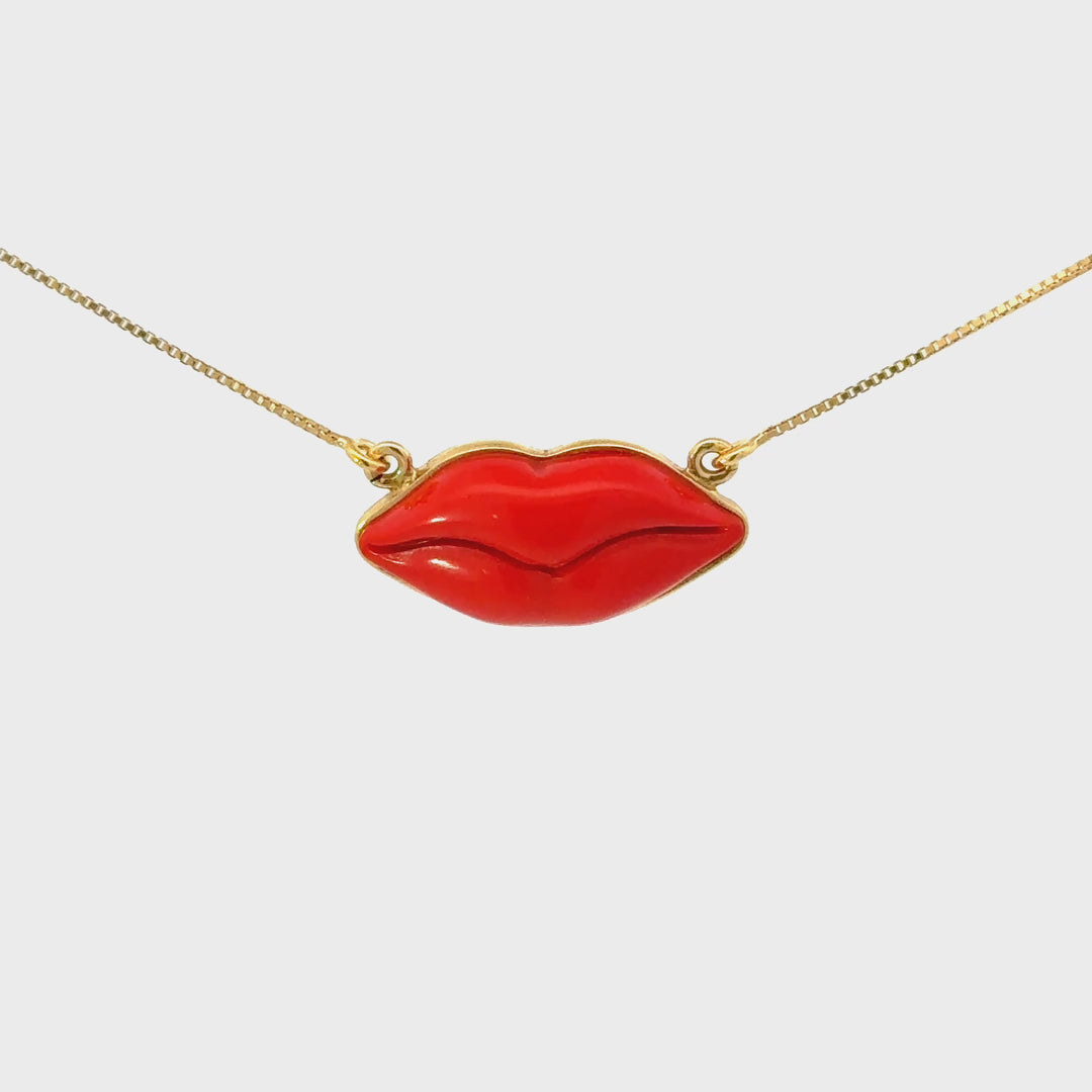 Italian Red Coral Full Lips Necklace in  Gold Vermeil