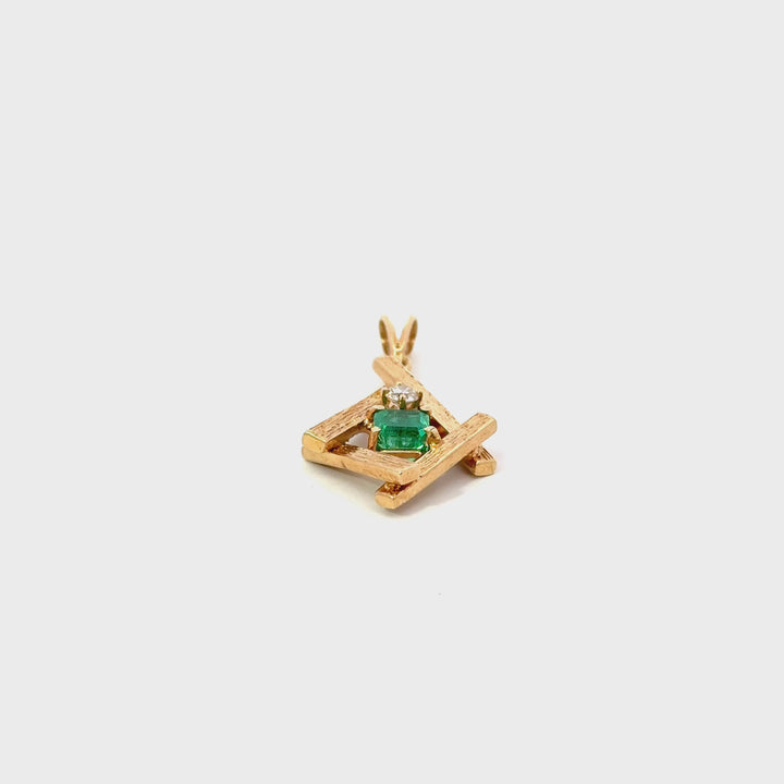 Vintage Emerald & Diamond Pendant in 14k Yellow Gold