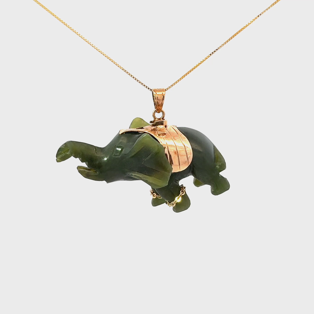 Vintage Hand Carved Canadian Jade Elephant Necklace in Gold Over Sterling Silver