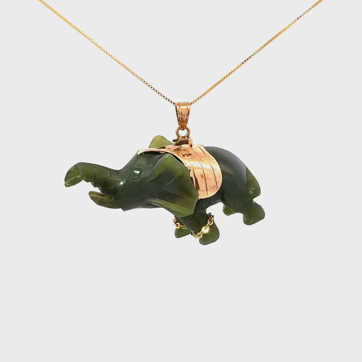 Vintage Hand Carved Canadian Jade Elephant Necklace in Gold Over Sterling Silver