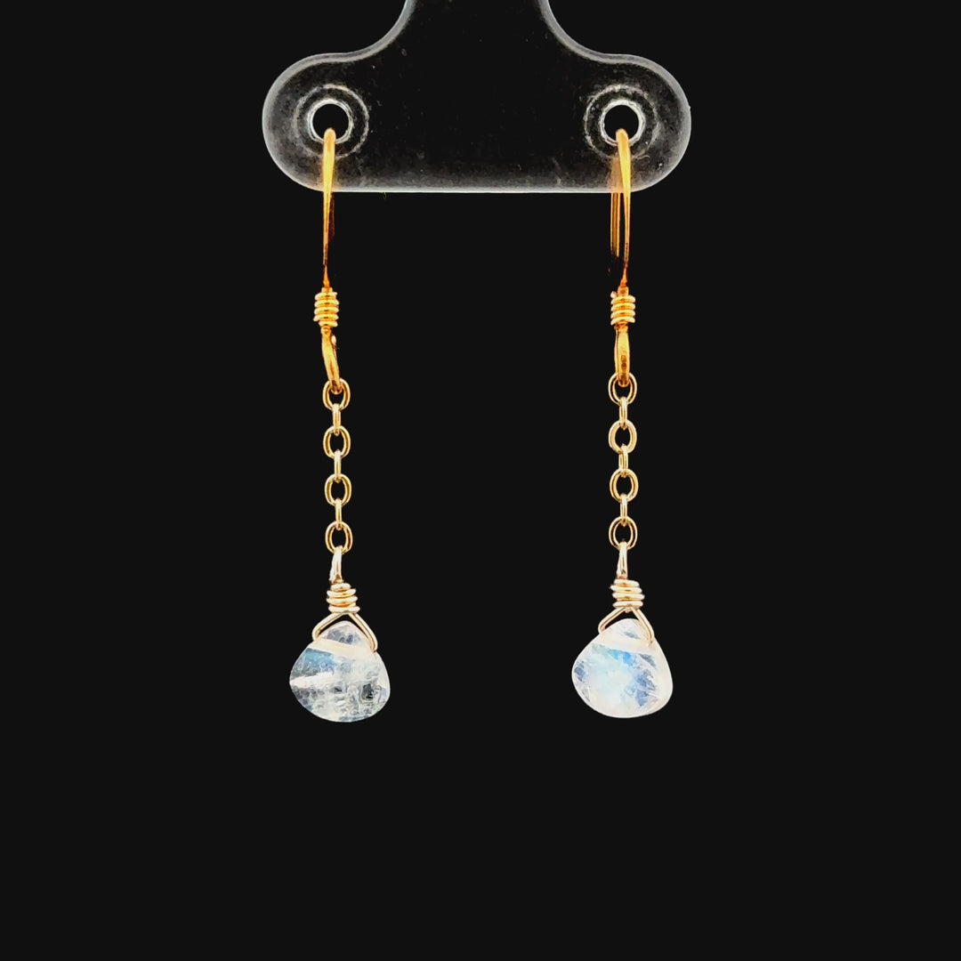 Dainty Rainbow Moonstone Chain Earrings in 18K Gold Over Brass