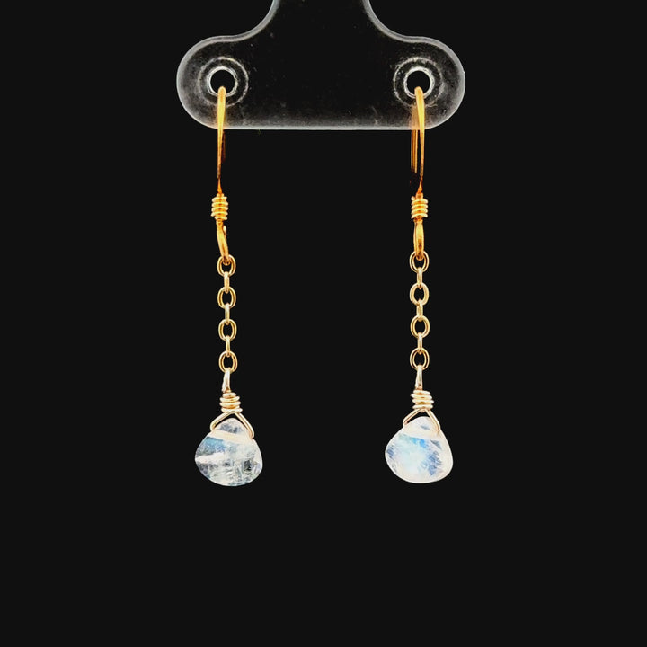 Dainty Rainbow Moonstone Chain Earrings in 18K Gold Over Brass