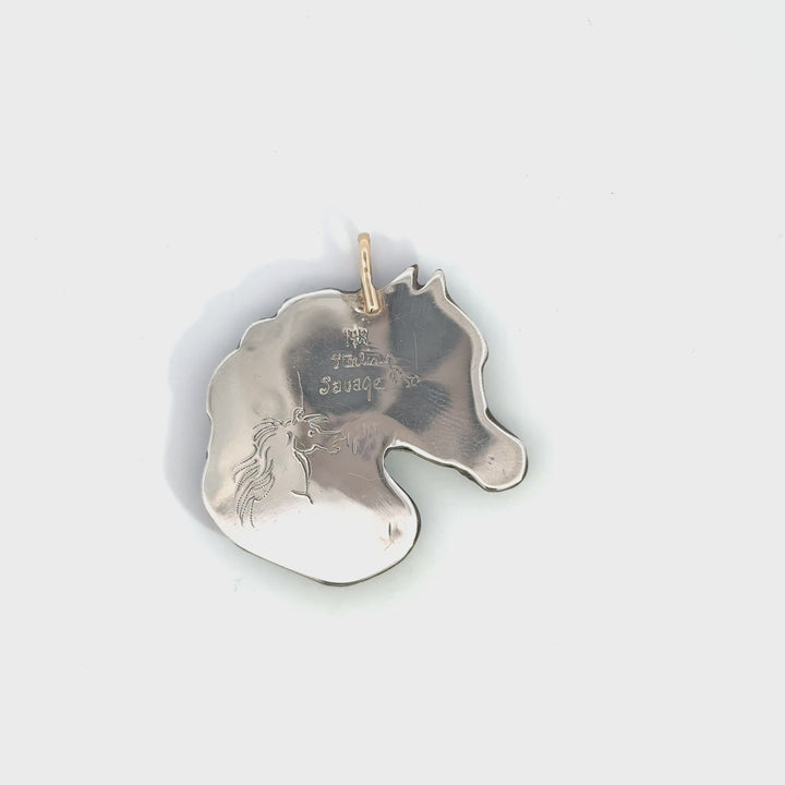 Vintage Carved Horse Pendant with White Topaz Eye in Sterling Silver & 14k Yellow Gold