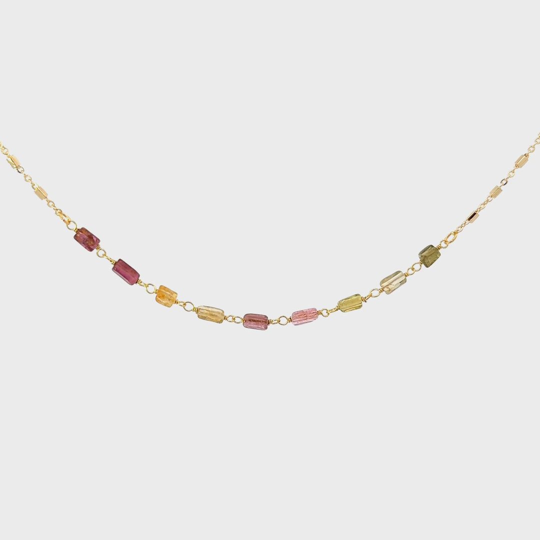 Dainty Green & Pink Tourmaline Necklace in Gold Fill