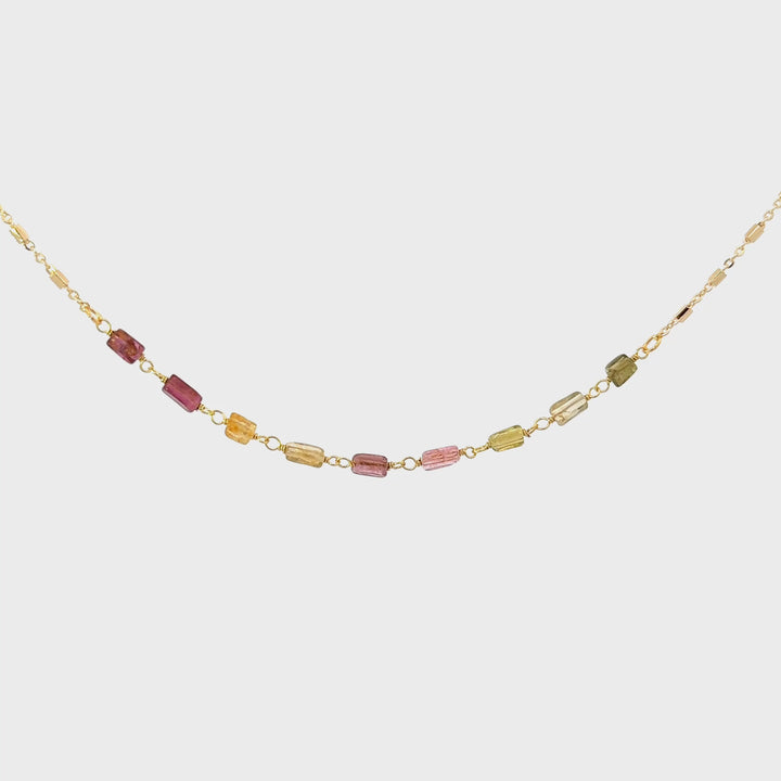Dainty Green & Pink Tourmaline Necklace in Gold Fill