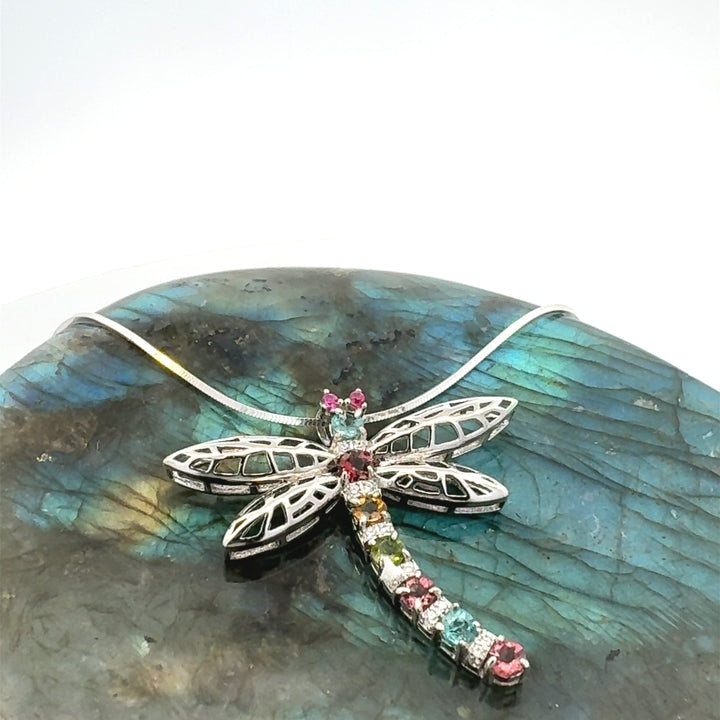 Tourmaline & CZ Dragonfly Necklace in Sterling Silver